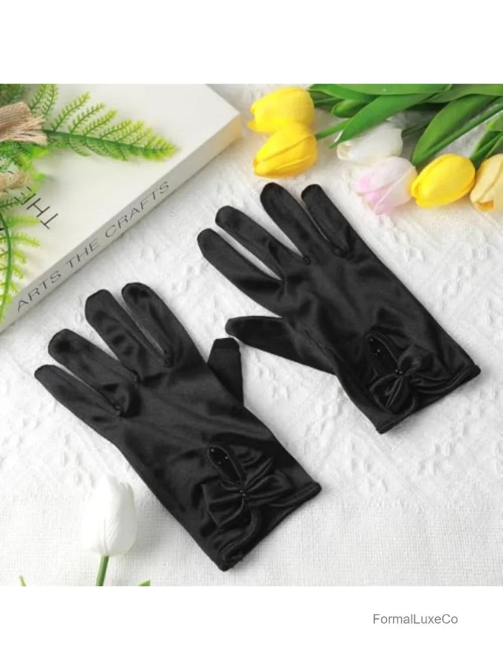Women's Satin Opera Gloves with Bow & Pearl, Stretchy Bridal Party